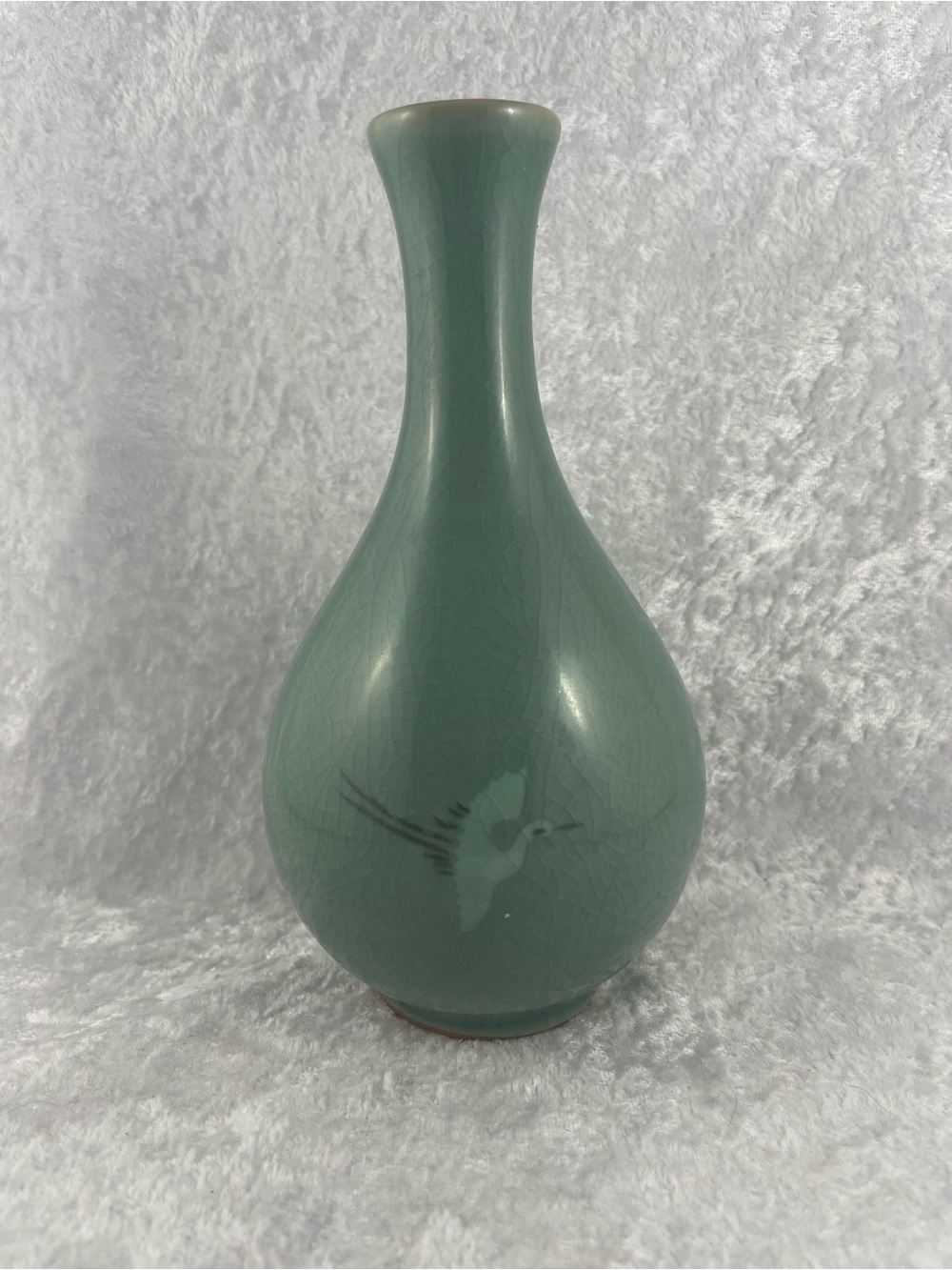 Vintage Korean  Celadon Heron Bird Decorative Crackle Glaze Vase